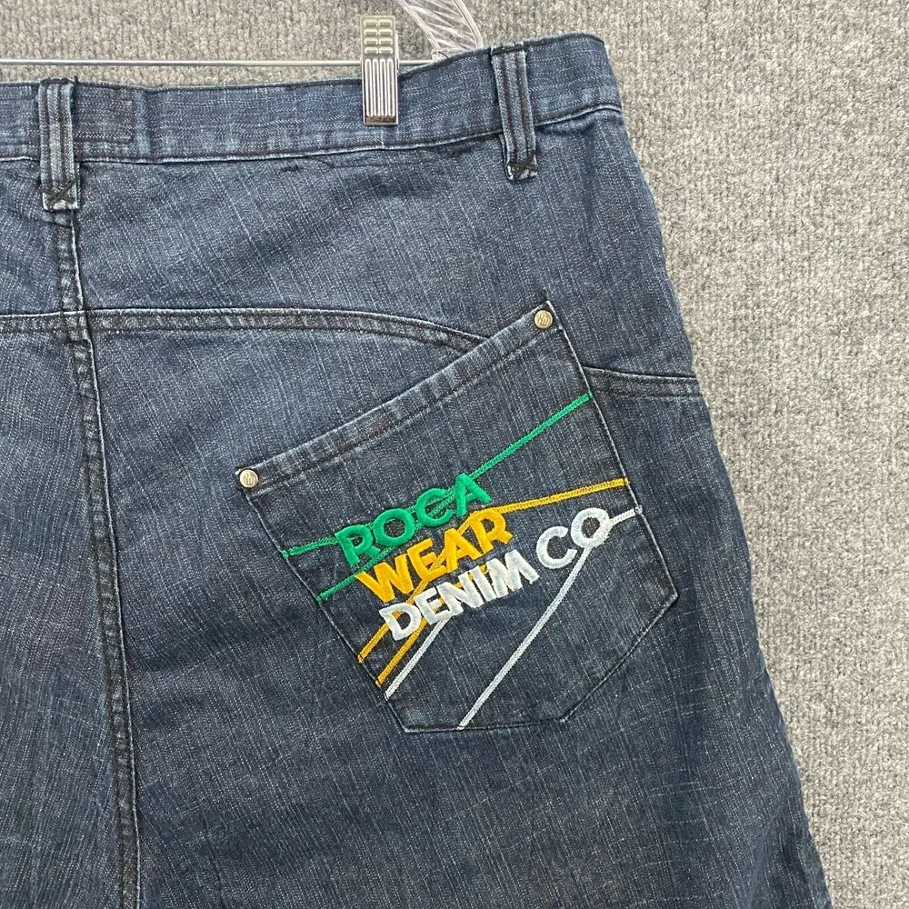 Vintage 90s Roca wear Denim Shorts Mens 44 Blue Wide Leg Embroidered Loose Baggy